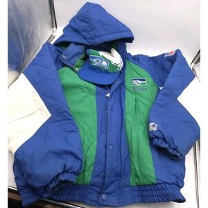 Vintage 90s Starter Seattle Seahawks NFL Pro Line Hooded Puffer Jacket XL Hat